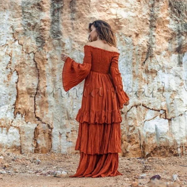 Lucia Off-Shoulder Boho Wedding Dress Bohemian Wedding Dress Festival Gypsy Maxi Dress Regular Size Plus Size Rust Cotton Multiple Sizes