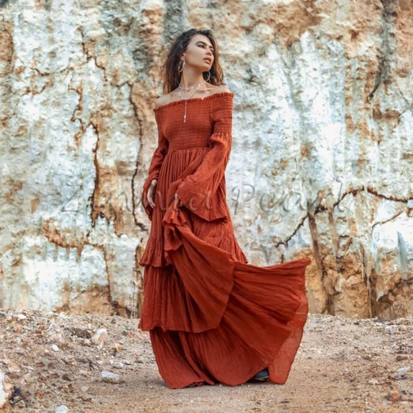 Lucia Off-Shoulder Boho Wedding Dress Bohemian Wedding Dress Festival Gypsy Maxi Dress Regular Size Plus Size Rust Cotton Multiple Sizes - Image 5