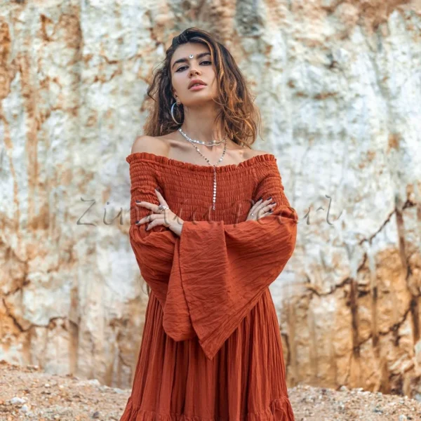 Lucia Off-Shoulder Boho Wedding Dress Bohemian Wedding Dress Festival Gypsy Maxi Dress Regular Size Plus Size Rust Cotton Multiple Sizes - Image 4