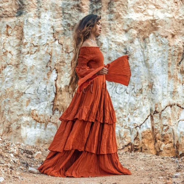 Lucia Off-Shoulder Boho Wedding Dress Bohemian Wedding Dress Festival Gypsy Maxi Dress Regular Size Plus Size Rust Cotton Multiple Sizes - Image 3