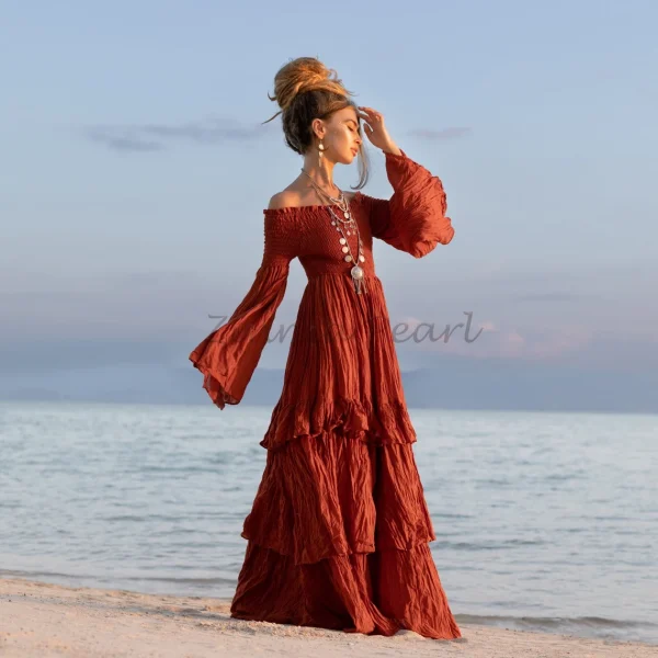 Lucia Off-Shoulder Boho Wedding Dress Bohemian Wedding Dress Festival Gypsy Maxi Dress Regular Size Plus Size Natural Cotton Multiple Sizes - Image 5