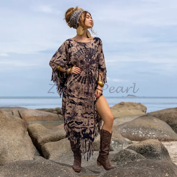 ARLO Festival Poncho Maxi Dress Hand Tiedye Boho Tunic Top Fringe Kaftan Poncho One Size One Plus Size XXXL Jersey Cotton