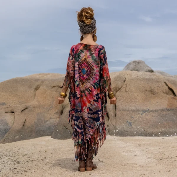 Unlock Your Free-Spirited Style with the ARLO Tiedye Top Tunic Maxi Dress Inclusive Sizing from One Size to 3X, Hand-Tiedye Fringe Kaftan