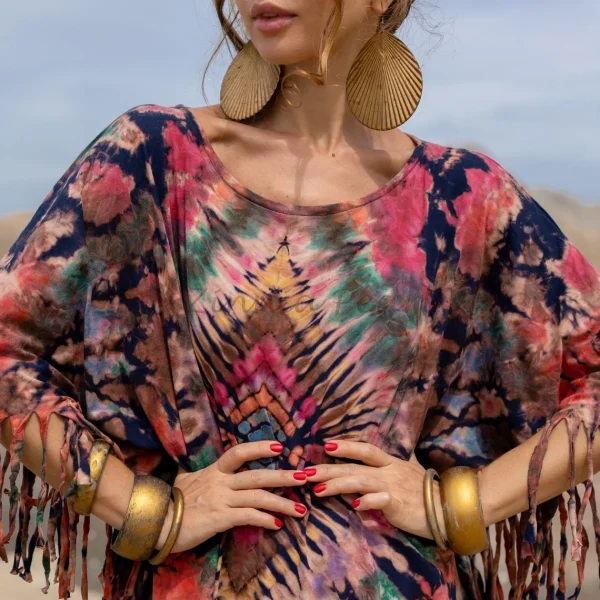 Unlock Your Free-Spirited Style with the ARLO Tiedye Top Tunic Maxi Dress Inclusive Sizing from One Size to 3X, Hand-Tiedye Fringe Kaftan - Image 3