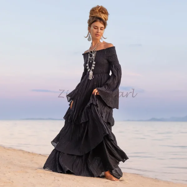 Lucia Off-Shoulder Boho Wedding Dress Bohemian Wedding Dress Festival Gypsy Maxi Dress Regular Size Plus Size Natural Cotton Multiple Sizes