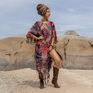 Unlock Your Free-Spirited Style with the ARLO Tiedye Top Tunic Maxi Dress Inclusive Sizing from One Size to 3X, Hand-Tiedye Fringe Kaftan