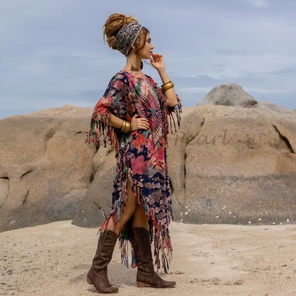 Unlock Your Free-Spirited Style with the ARLO Tiedye Top Tunic Maxi Dress Inclusive Sizing from One Size to 3X, Hand-Tiedye Fringe Kaftan - Image 2