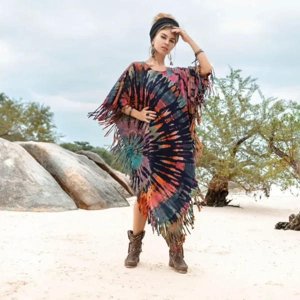 Unlock Your Free-Spirited Style with the ARLO Tiedye Top Tunic Maxi Dress Inclusive Sizing from One Size to 3X, Hand-Tiedye Fringe Kaftan