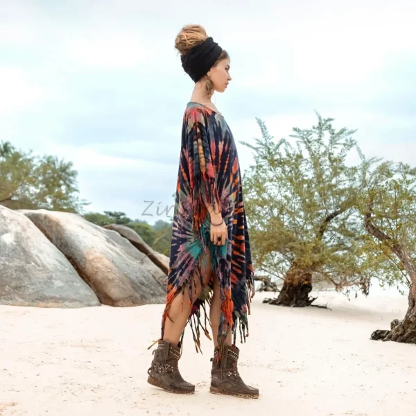 Unlock Your Free-Spirited Style with the ARLO Tiedye Top Tunic Maxi Dress Inclusive Sizing from One Size to 3X, Hand-Tiedye Fringe Kaftan