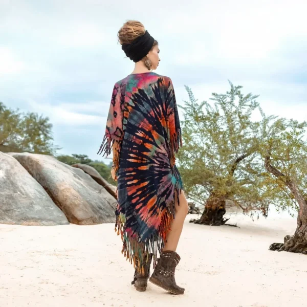 Unlock Your Free-Spirited Style with the ARLO Tiedye Top Tunic Maxi Dress Inclusive Sizing from One Size to 3X, Hand-Tiedye Fringe Kaftan - Image 3