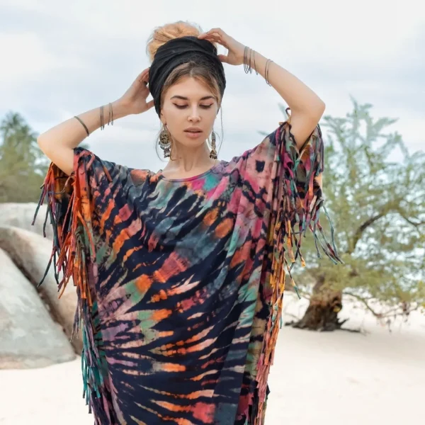 Unlock Your Free-Spirited Style with the ARLO Tiedye Top Tunic Maxi Dress Inclusive Sizing from One Size to 3X, Hand-Tiedye Fringe Kaftan - Image 2