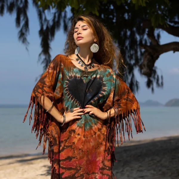 ARLO Tiedye Top Tunic Maxi Dress Festival Handmade Boho Fringe Kaftan Poncho One Size One Plus Size XXXL Jersey Cotton - Image 3