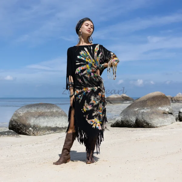 Unlock Your Free-Spirited Style with the ARLO Tiedye Top Tunic Maxi Dress Inclusive Sizing from One Size to 3X, Hand-Tiedye Fringe Kaftan