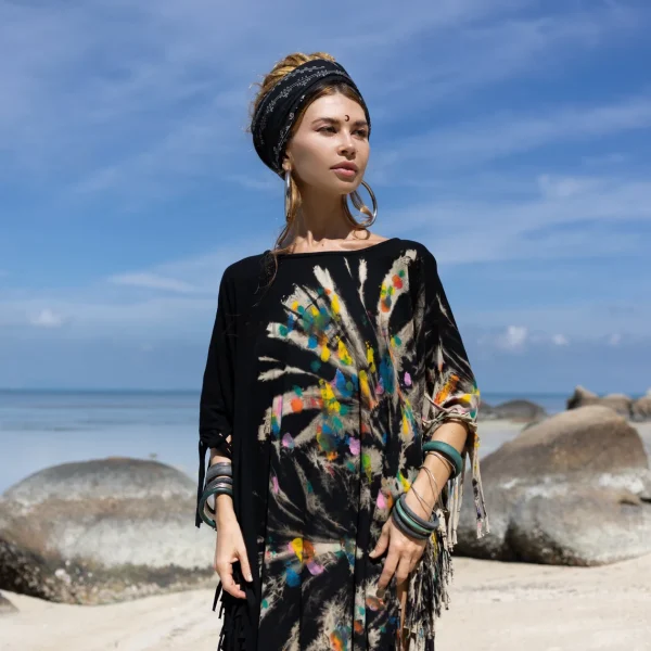 Unlock Your Free-Spirited Style with the ARLO Tiedye Top Tunic Maxi Dress Inclusive Sizing from One Size to 3X, Hand-Tiedye Fringe Kaftan - Image 2