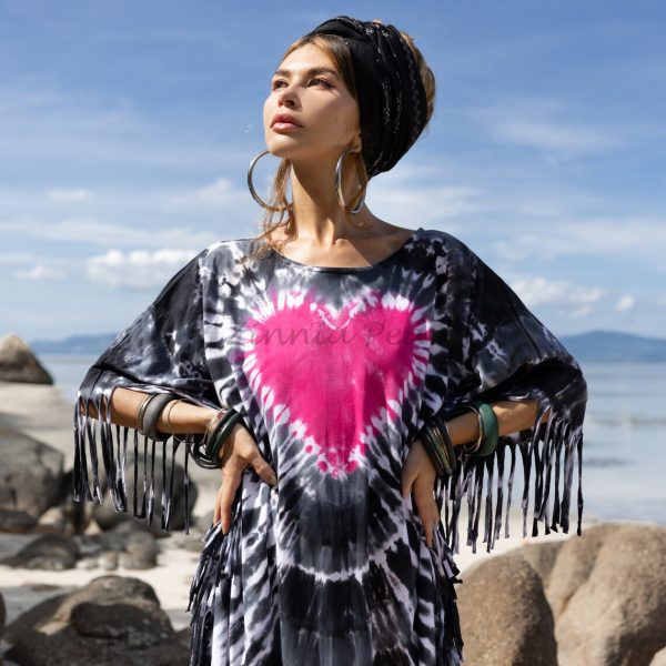 Express Your Boho Spirit with our ARLO Festival Poncho Tunic Dress. Inclusive Sizing from One Size to 3X, Hand-Tiedye Fringe Kaftan - Image 2