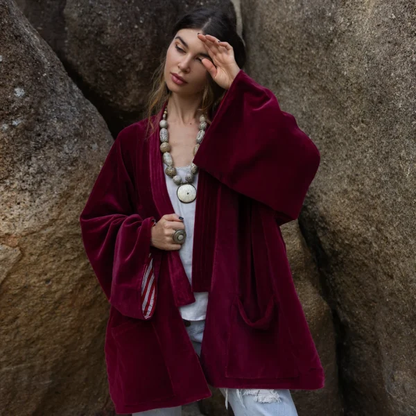 Mei - Velvet Whispers - Handmade Kimono Jacket for Boho Lovers - Inclusive Sizes - Exquisitely Crafted for your Unique Style.