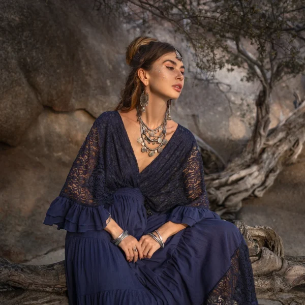 Radiate Elegance in Our Lunette Lace-Trimmed Dress - The Boho-Chic Kaftan Pullover for Your Engagement, Resort Getaways, and Dreamy Vacation - Image 5