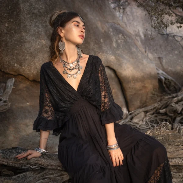 Radiate Elegance in Our Lunette Lace-Trimmed Dress - The Boho-Chic Kaftan Pullover for Your Engagement, Resort Getaways, and Dreamy Vacation