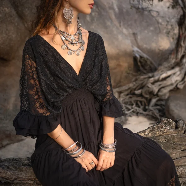 Radiate Elegance in Our Lunette Lace-Trimmed Dress - The Boho-Chic Kaftan Pullover for Your Engagement, Resort Getaways, and Dreamy Vacation - Image 4