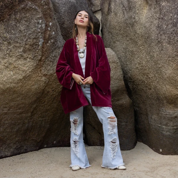 Mei - Velvet Whispers - Handmade Kimono Jacket for Boho Lovers - Inclusive Sizes - Exquisitely Crafted for your Unique Style.