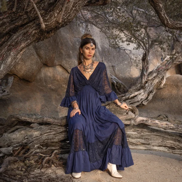 Radiate Elegance in Our Lunette Lace-Trimmed Dress - The Boho-Chic Kaftan Pullover for Your Engagement, Resort Getaways, and Dreamy Vacation - Image 3