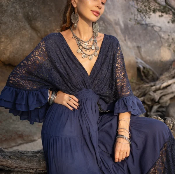 Radiate Elegance in Our Lunette Lace-Trimmed Dress - The Boho-Chic Kaftan Pullover for Your Engagement, Resort Getaways, and Dreamy Vacation - Image 2