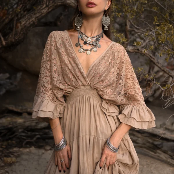 Radiate Elegance in Our Lunette Lace-Trimmed Dress - The Boho-Chic Kaftan Pullover for Your Engagement, Resort Getaways, and Dreamy Vacation - Image 2