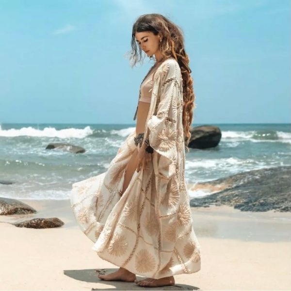 Flora Handmade Crochet Embroidered Maxi Short Sleeves Kimono Duster Festival Beach Resort Holiday Wear One Size One Plus Size - Image 2