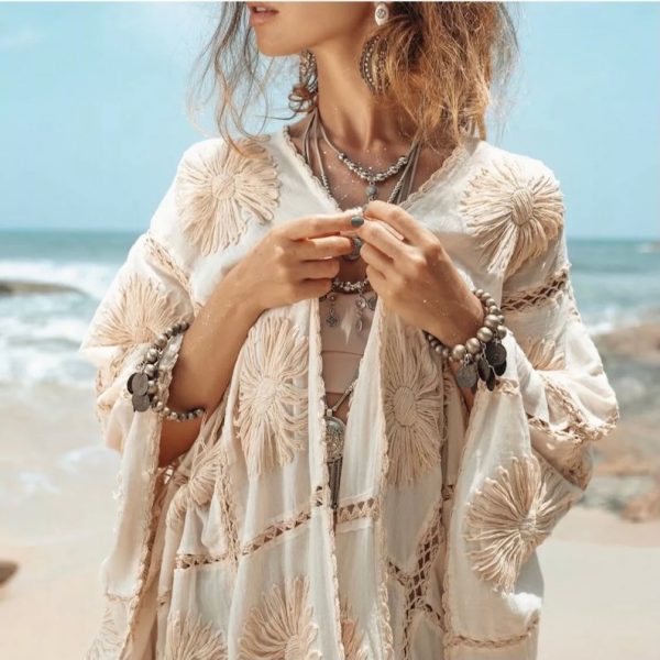 Flora Handmade Crochet Embroidered Maxi Short Sleeves Kimono Duster Festival Beach Resort Holiday Wear One Size One Plus Size