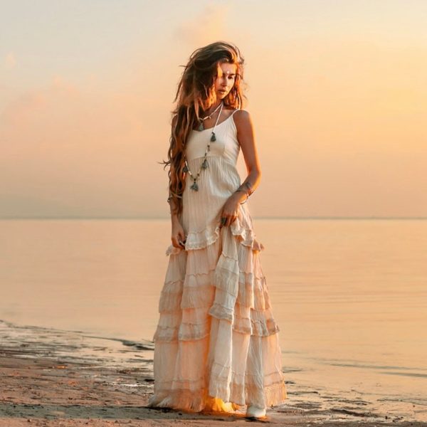 Bohemian maxi dress, Fringed lace tiers, Flowy silhouette, Vintage scoop neckline, Handmade fashion, Boho-chic style, Comfortable sleeveless design, Smocked back, Unique raw fabrication, Ethereal charm