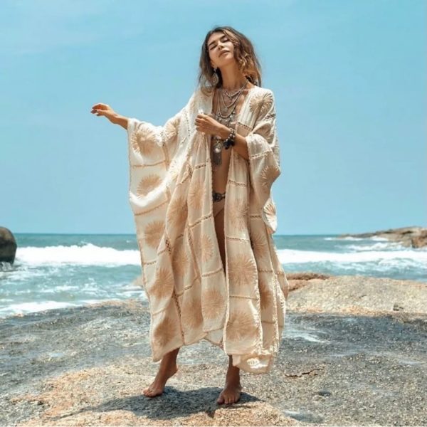 Flora Handmade Crochet Embroidered Maxi Short Sleeves Kimono Duster Festival Beach Resort Holiday Wear One Size One Plus Size