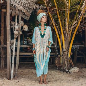 Handmade Oceano Kaftan Tunic Maxi Dress Top One Size One Plus Size XXXL Hand Embroidery Crochet