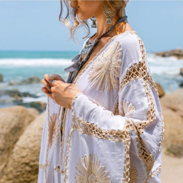 Flora Handmade Crochet Embroidered Maxi Long Sleeves Kimono Duster Abaya Festival Beach Resort Holiday Wear One Size One Plus Size - Image 5