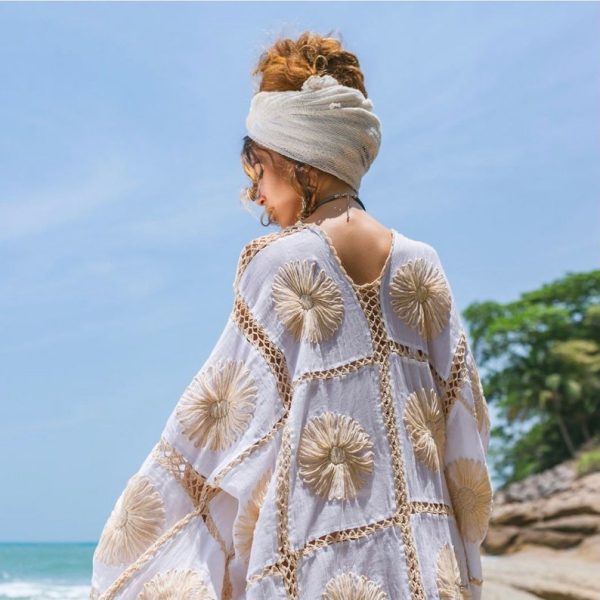 Flora Handmade Crochet Embroidered Maxi Long Sleeves Kimono Duster Abaya Festival Beach Resort Holiday Wear One Size One Plus Size - Image 4