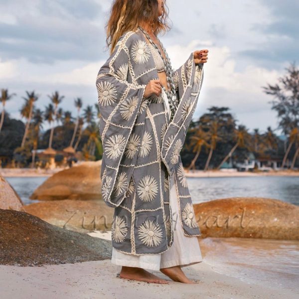 Flora Handmade Crochet Embroidered Maxi Long Sleeves Kimono Duster Abaya Festival Beach Resort Holiday Vacation One Size One Plus Size - Image 2