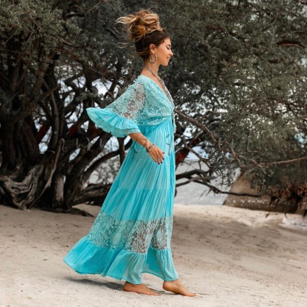 Radiate Elegance in Our Lunette Lace-Trimmed Dress - The Boho-Chic Kaftan Pullover for Your Engagement, Resort Getaways, and Dreamy Vacation - Image 2