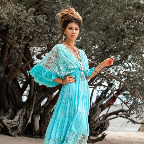 Radiate Elegance in Our Lunette Lace-Trimmed Dress - The Boho-Chic Kaftan Pullover for Your Engagement, Resort Getaways, and Dreamy Vacation - Image 4