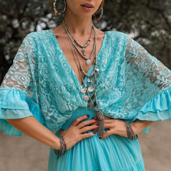 Radiate Elegance in Our Lunette Lace-Trimmed Dress - The Boho-Chic Kaftan Pullover for Your Engagement, Resort Getaways, and Dreamy Vacation