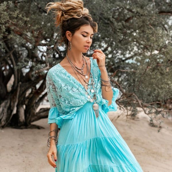 Radiate Elegance in Our Lunette Lace-Trimmed Dress - The Boho-Chic Kaftan Pullover for Your Engagement, Resort Getaways, and Dreamy Vacation - Image 5