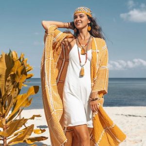 Isa Handmade Hand Stitched Crochet Embroidered Maxi Short Sleeves Kimono Duster Festival Boho Coastal Summer Resort Wear