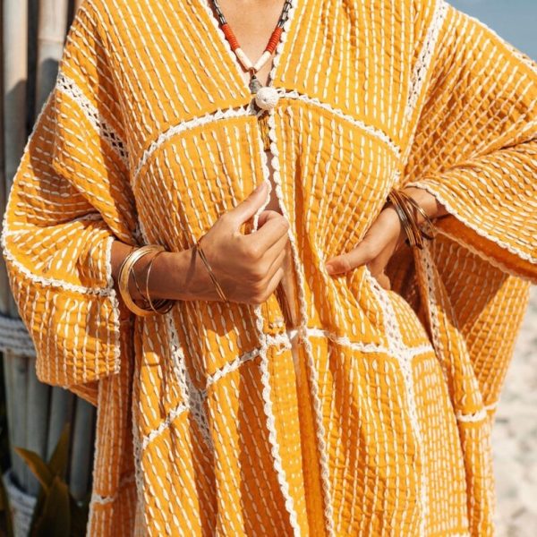 Isa Handmade Hand Stitched Crochet Embroidered Maxi Short Sleeves Kimono Duster Festival Boho Coastal Summer Resort Wear