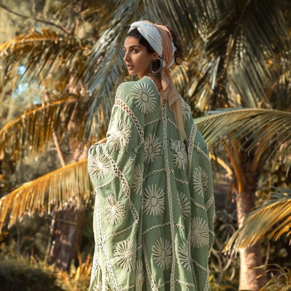 Flora Handmade Crochet Embroidered Maxi Long Sleeves Kimono Duster Festival Beach Resort Holiday Vacation One Size One Plus Size - Image 5