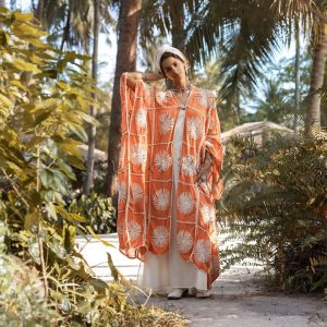 Flora Handmade Crochet Embroidered Maxi Long Sleeves Kimono Duster Festival Beach Resort Holiday Vacation One Size One Plus Size