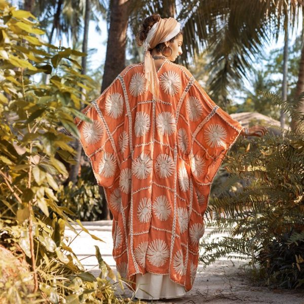 Flora Handmade Crochet Embroidered Maxi Long Sleeves Kimono Duster Festival Beach Resort Holiday Vacation One Size One Plus Size - Image 3