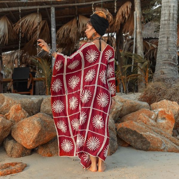 Flora Handmade Crochet Embroidered Maxi Short Sleeves Kimono Duster Abaya Festival Beach Resort Holiday Wear One Size One Plus Size - Image 3