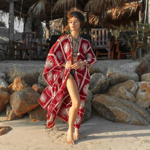 Flora Handmade Crochet Embroidered Maxi Short Sleeves Kimono Duster Abaya Festival Beach Resort Holiday Wear One Size One Plus Size