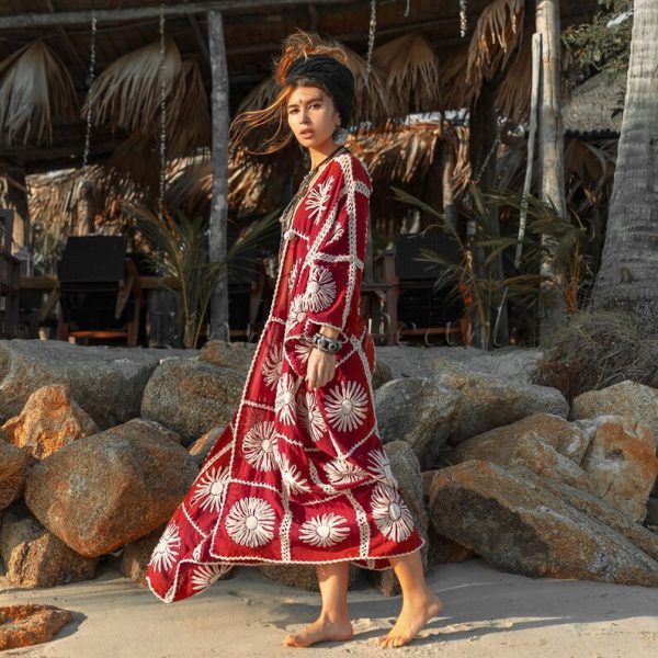 Flora Handmade Crochet Embroidered Maxi Short Sleeves Kimono Duster Abaya Festival Beach Resort Holiday Wear One Size One Plus Size - Image 2