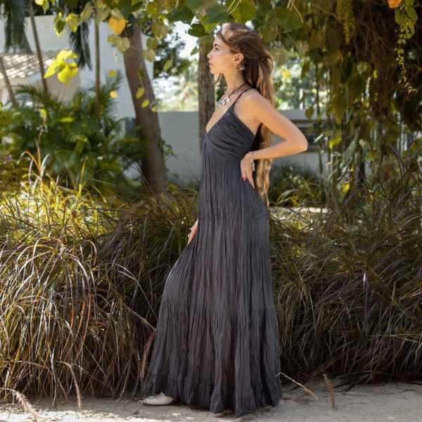 Natalie Black Maxi Boho Dress Festival Gypsy Smock Back Raw Natural Cotton One Size - Image 2