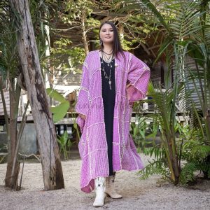 Isa Handmade Hand Crochet Embroidered Stitched Maxi Short Sleeves Kimono Duster Festival Boho Coastal Summer Resort Wear