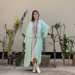 Isa Handmade Hand Crochet Embroidered Stitched Maxi Short Sleeves Kimono Duster Festival Boho Coastal Summer Resort Wear